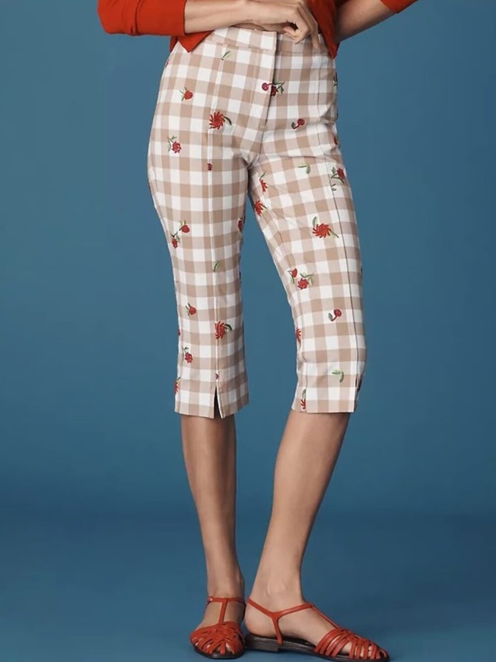 Anthropologie Maeve Tan/White Gingham Capri Floral Embroidered Pants Size 4P